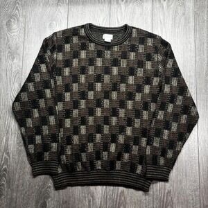 Vintage Brown 1980s Knit Sweater Geometric Medium Brown Outline